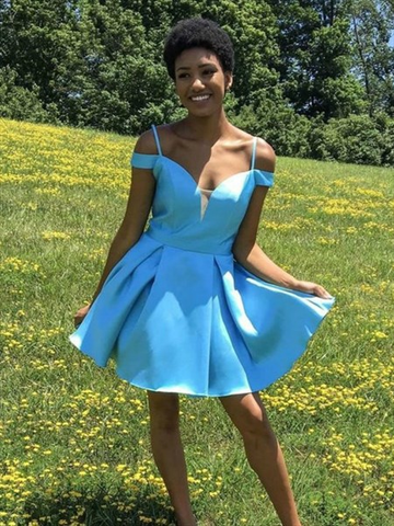 Spaghetti Strap Blue V Neck Back Satin Short Prom Dress With Bow HZ1023